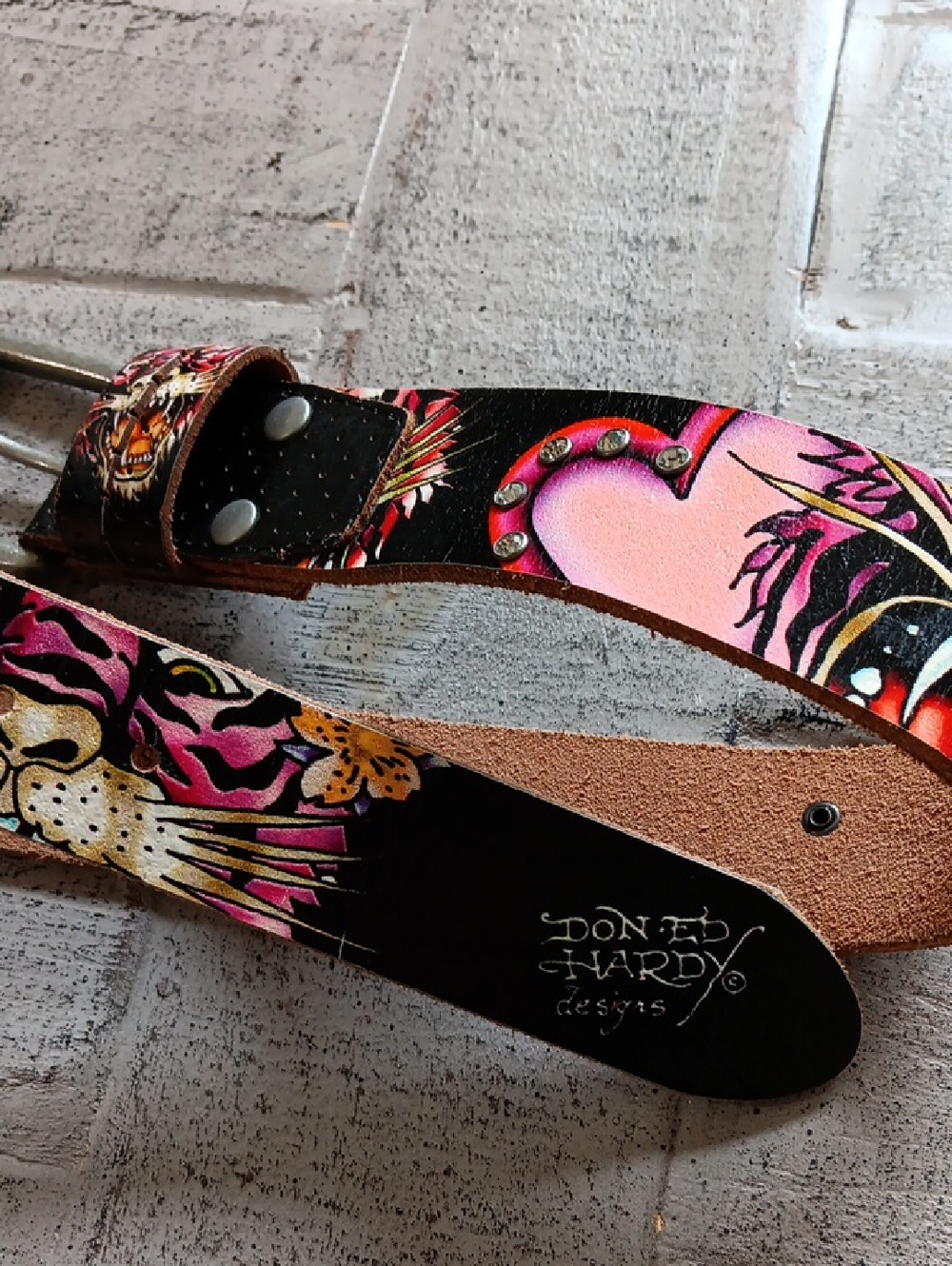 Vintage Ed Hardy Leather Belt  "Floral Tigers" Y2K Rhinestone Art Fits 28"-32"